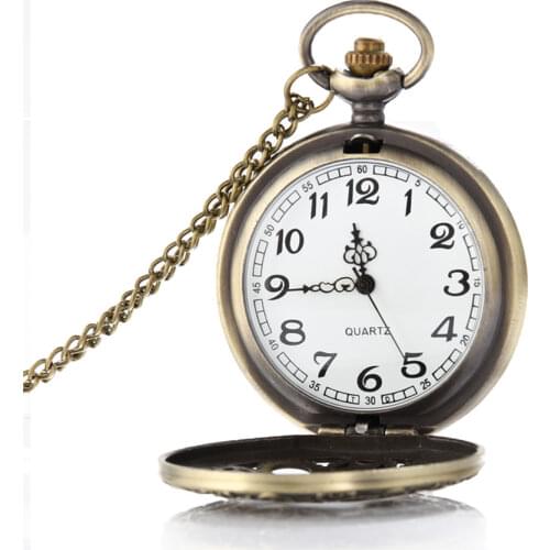 Retro Design Hollow Gear Fob Watch Vintage Bronze Pocket Watch Necklace Chain Pendant LXH