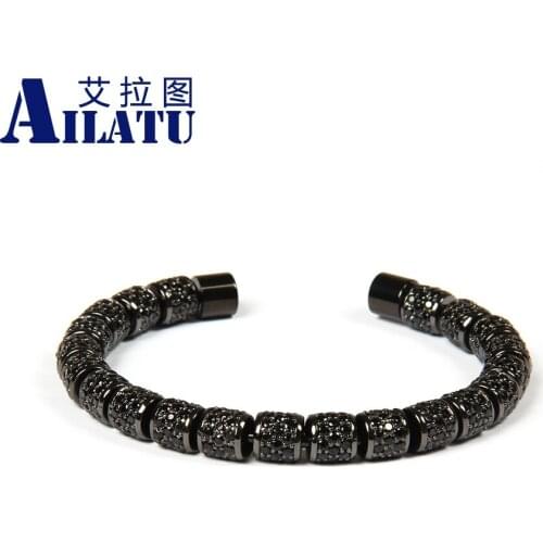 Ailatu Luxury Jewelry Full Black Cz Spacer Beads Stainless Steel Bangles for Men and Womens Gift