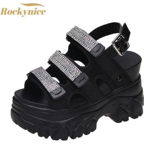 Platform Bling Sandals Women Summer Breathable Wedges 10CM High Heels Ladies Crystal Beach Slippers Chunky Shoes Sandalias Mujer