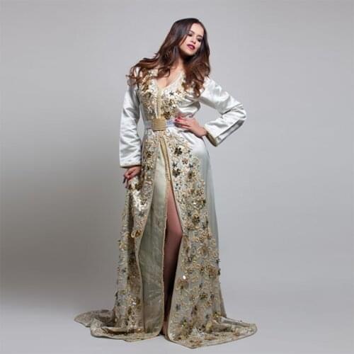 Sexy High Split Moroccan kaftan Evening Dresses Lace Embroidery Beaded Women Party Wear Formal Gowns Kaftan Dress Prom Gowns