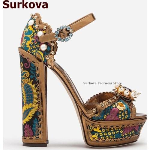 Surkova Coffee Vintage Baroque Chunky High Heels Sandals Bling Bling Crystal Beaded Wedding Shoes Jewelry Floral Platform Pumps