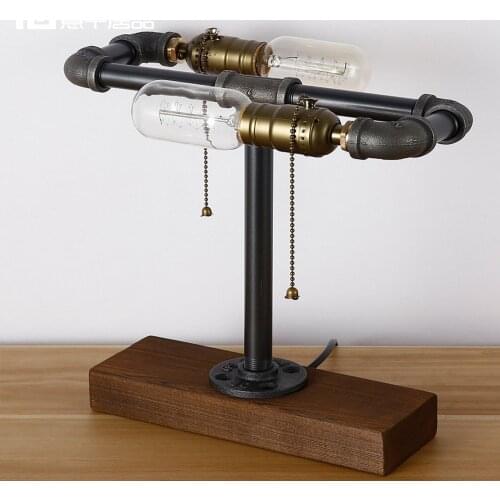 Loft Vintage Industrial Water Pipe Table Light, Desk Wood Lamp Retro Steampunk Double Lighting