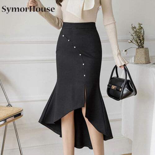 High Waist Split Mermaid Skirts Women Plus Size Stretch Black Skirt Inlay Diamond Elegant Office Lady Party Skirt Jupe Femme
