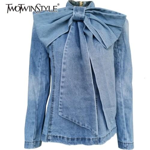 TWOTWINSTYLE Patchwork Bow Denim Womens Jacket Stand Collar Long Sleeve Vintage Ruched Jackets For Female 2020 Fashion Clothing