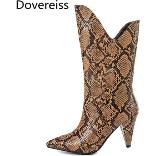 Dovereiss Fashion Female boots Winter brown sexy Elegant new consice Snakeskin Special-shaped heels Half boots new big size 43