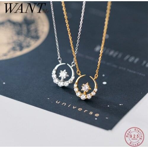 WANTME 925 Sterling Silver Romantic CZ Zircon Star Moon Pendant Necklace for Women Elegant Charming Fashion Wedding Jewelry Gift