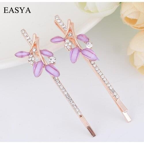 EASYA 3 Colors Rhinestone Leaf Metal Gold hair Pin Delicate Minimalist Crystal Leaf Hair Clip Hair Accessories