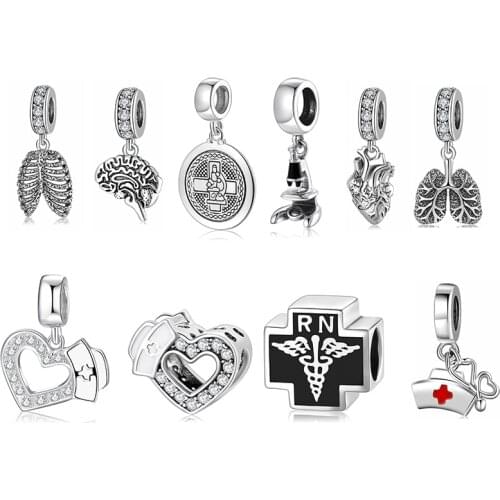 100% 925 Sterling Silver Nurse Charms Heart shape Sparkling CZ Beads Fit Original Pandora Charms Bracelet Jewelry making