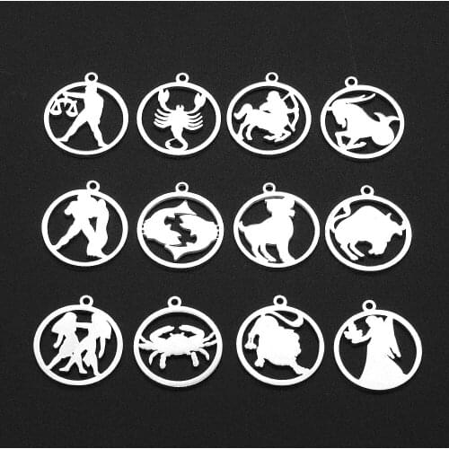 12pcs/set Zodiac Sign Stainless Steel Horoscope DIY Jewelry Charms Connector Wholesale Never Fade Necklace Making Finding
