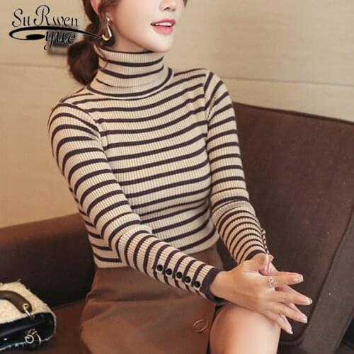 2019 Autumn Long Sleeve Sweater Pullover Turtleneck Sweater Women Striped Knitted Women Sweater Sueter Mujer Invierno 5124 50