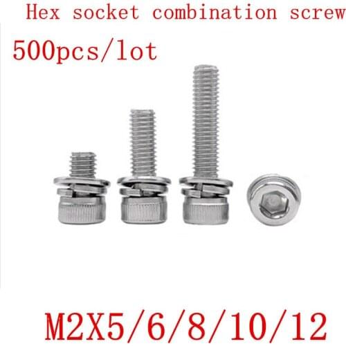 500Pcs m2*5/6/8/10/12 304 stainless steel hex socket cap head three combination screw