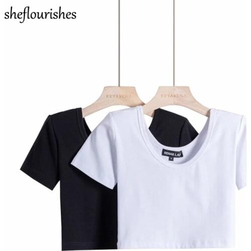 White t shirt women casual shirts basic short sleeve t shirt korean style o neck tees solid knitted tshirts vintage shirt black