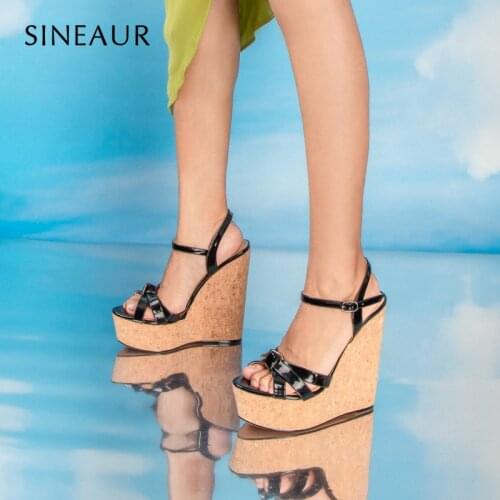 SINEAUR Womens Summer Shoes Sexy Ladies Super High Woods Wedge Heel Pumps Cross Strap Sandals PU Round Toe Plus Size 35-45