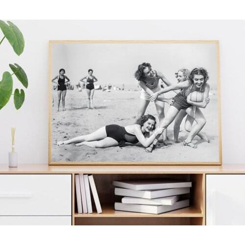 Black and White Vintage Beach Volleyball Photo Poster Canvas Print Women Playing Sports Girls Having Fun Painting Wall Art Decor