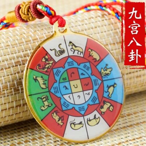 Nine Palaces, Eight Trigrams and Twelve Zodiac Buddha Statue Small Thangka Tibetan Buddhism Copper Foil Pendant Necklace