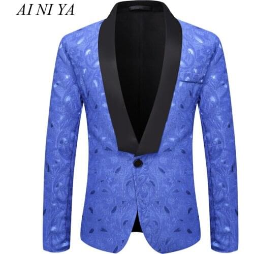 Mens Stylish Royal Blue Rose Jaquard Suit Jacket Brand One Button Patchwork Shawl Lapel Tuxedo Blazer Jacket Men Stage Costumes