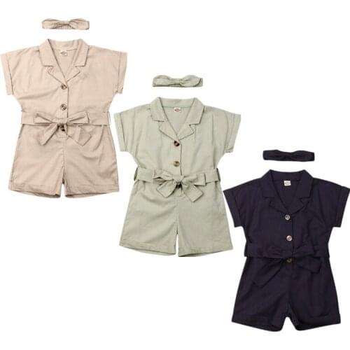 Boutique Girl Clothes Toddler Kids Baby Girls Clothes Bowknot Belt Short Sleeve V-neck Romper Jumpsuit Outfit Set