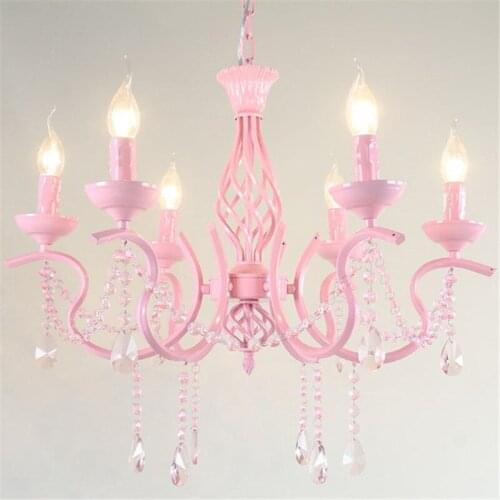European pastoral style pink iron crystal pendant chandelier children room lamp warm romantic bedroom chandeliers lamp fixture