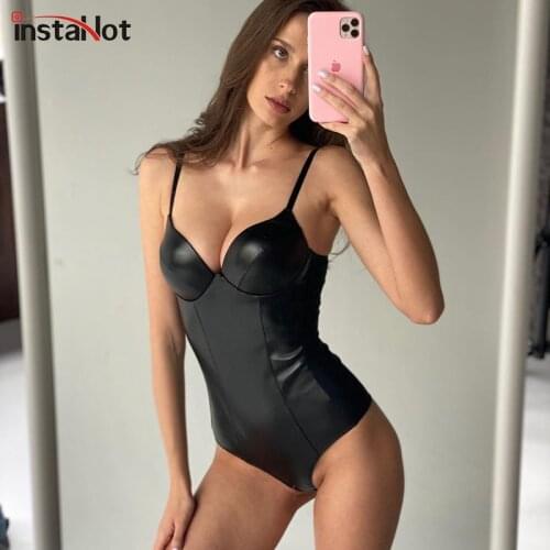 InstaHot Leather Solid Bodysuit Sleeveless Skinny Casual Basic Backless Rompers 2021 Summer Sexy Streetwear Black Playsuit Women