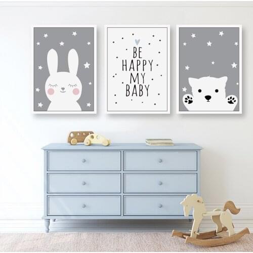 Sweet Nursery Decor Bunny Bear Happy Baby Wall Art Pictures Canvas Painting Poster and Print New Baby Gift Home Decor
