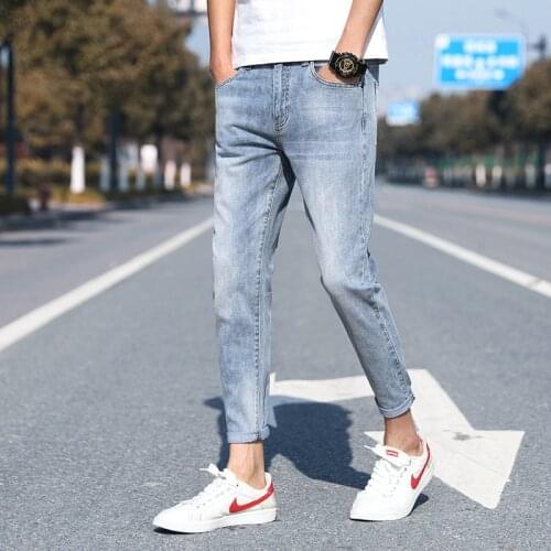 Wholesale Fashion street students Mens denim ripped jeans 2021 new trendy brand slim stretch jeans ankle length pants