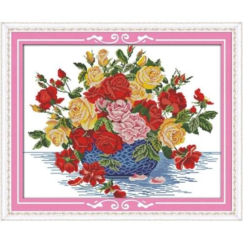 Roes in Blue Vase Flower Cross Stitch Kit 14CT White Canvas 11CT Accurate Printed Embroidery DIY Handmade Needle Work Home Decor