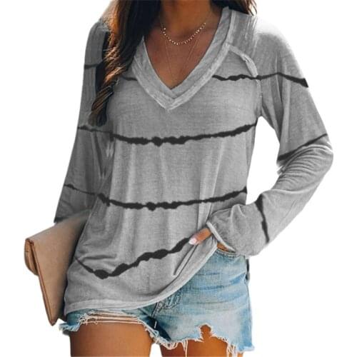 2021 New Striped Long-Sleeve T-Shirt Womens Top Casual Tie-Dye V-Neck Spring and Autumn Plus Size Womens Loose Clothing S-5XL