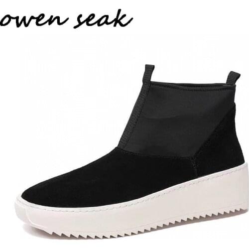 Owen Seak Men Casual Shoes High-TOP Ankle Boots Leather Sneaker Luxury Trainers High Street Lace-up Autumn Flat Black Shoes
