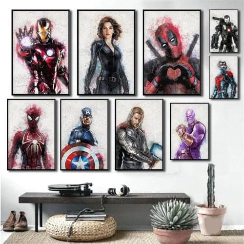 Marvel Poster Superhero Avengers Iron Man Watercolor Canvas Painting Cracked Background Wall Art Decor Pictures for Home Decor