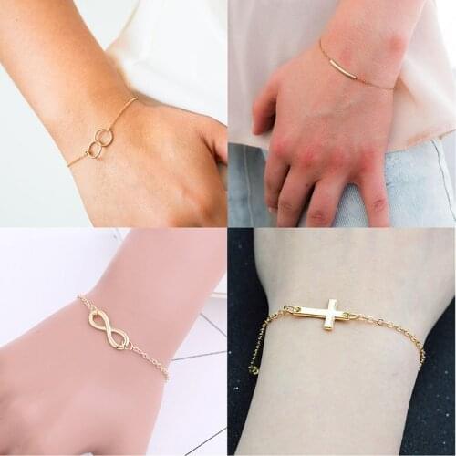 Simple Cross Circle Tube 8 Charm Silver color Gold color Metal Plated Chain for Women Hand Bracelet Accessory