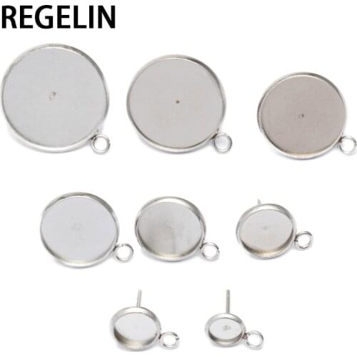 REGELIN DIY Stainless Steel Earring Settings 6/8/10/12/14/16/18/20mm Cabochon Base Blank Fit Glass Cabochons 20pcs/lot