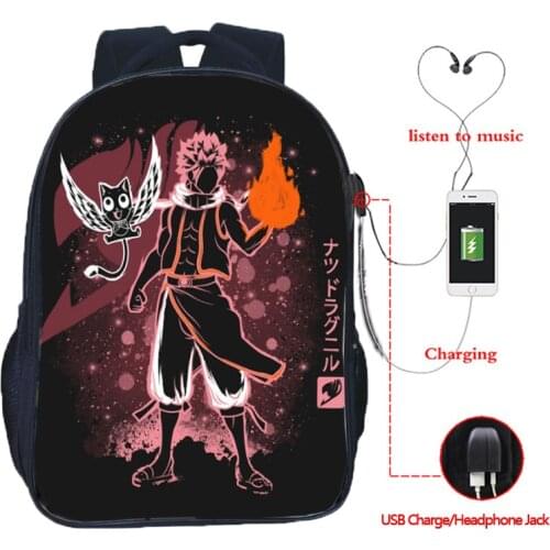 FAIRY TAIL Multifunction Backpack Natsu Print USB Charging Headphone Jack School Bags for Teenagers Travel Rucksack