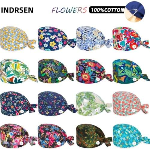 Scrub Cap Buttons 100% Cotton Cartoon Print Nursing Caps Beauty Salon Pet Shop Nurse Working Accessories Surgicals Hat Wholesale