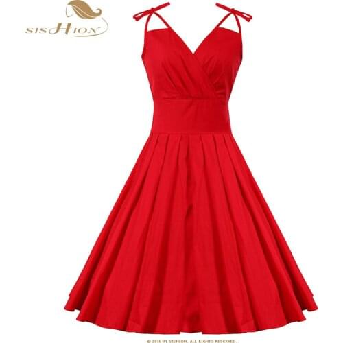SISHION 2021 Sexy Spaghetti Strap Cotton Black Red Women Dress Plus Size VD1527 50s 60s A Line Party Rock Retro Vintage Dress