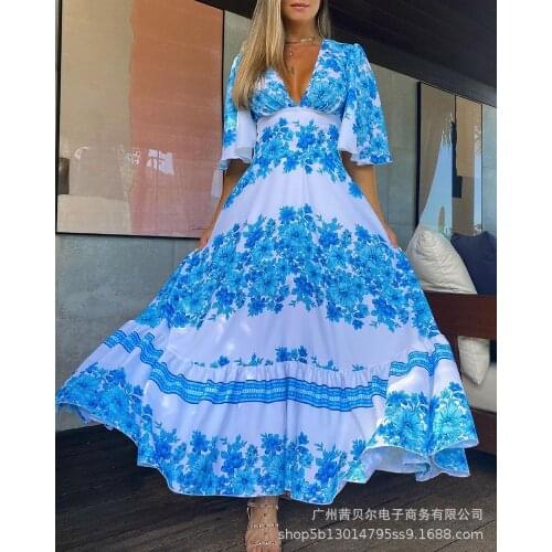 2021 womens new blue floral casual long skirt