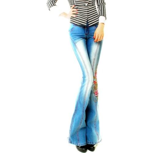 On Sale joinus embroidered sexy mid waist jeans female pants flare trousers high elastic trousers