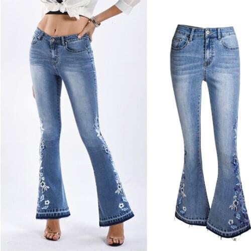 European American Womens Denim Embroidered Flower Blue Jeans Womens Trousers Wide Leg Wash Flared Jeans Large Size Trousers