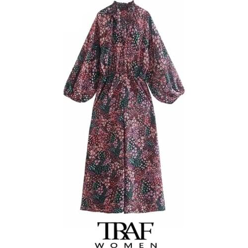 TRAF Za Women Fashion With Covered Buttons Floral Print Jumpsuits Vintage Puff Sleeve Side Zipper Female Playsuits Mujer