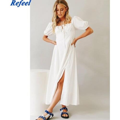 Women Summer Dress Casual Cotton White Long Vestido Vintage Square Collar Bandage Dress Fashion Short Sleeve