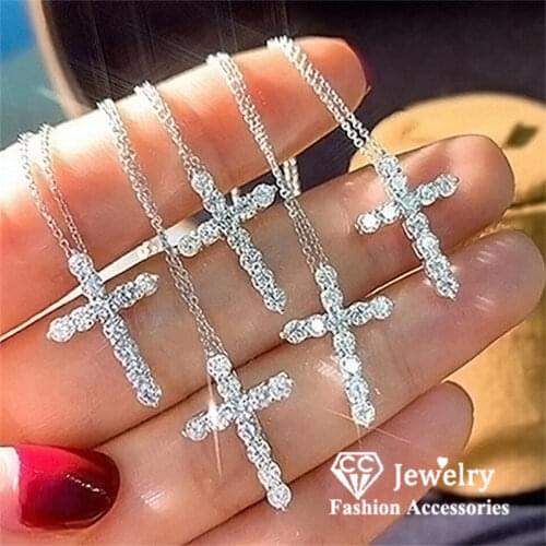 CC 925 Silver Cross Necklaces For Women Cubic Zirconia Pendant Jesus Accessory Fine Jewelry Colar CCN704