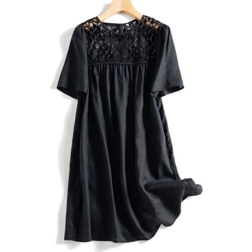 Summer New Women Loose Plus Size Japan Style Lace Patchwork Comfortable Linen Pullover White Dresses W/h Side Pockets