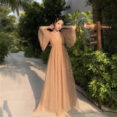 2021 Summer Goddess Fan V-neck Mesh Sequined Long Dress Womens Holiday Beach Temperament Fairy Dress