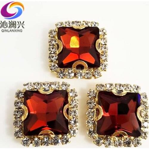 Golden bottom Tea color square shape top Crystal glass buckle, sew on rhinestones use for Diy/jewelry accessories SQKG22