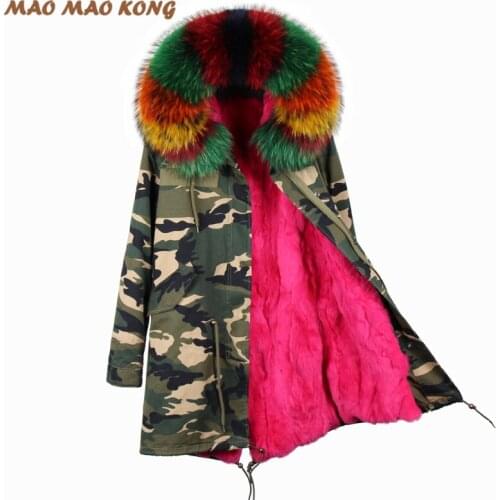 2020 New Parka Feminina Long Winter Jacket Coat Women Parkas Camouflage Real Raccoon Fur Collar Hooded Natural Rex Rabbit Fur