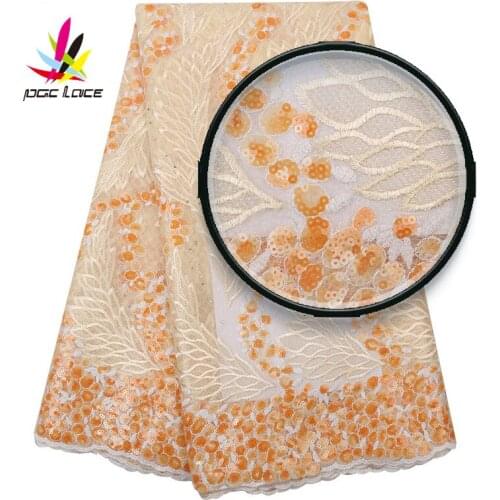 2019 High Quality Sequence Lace Fabric Nigerian Champagne Gold Mesh Lace Newest Designs Sequin Lace Fabrics for Bridal Materials