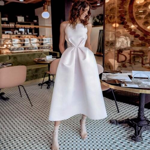 Fashion Tea-length Wedding Dresses Sexy Backless A-line Satin Vintage Bridal Gown Spaghetti Straps Short Bride Dress