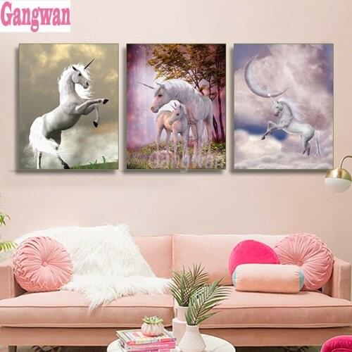 White unicorn moon Picture diamond painting 3 pcs Modern Style rhinestone Painting wall Art Living Room Unique home Decoration