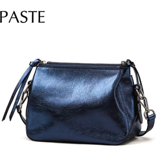 Shiny Cowhide Womens Shoulder Messenger Bags Natural Leather Crack Pattern High Quality Daily Purse Small Silver 3 Zipper