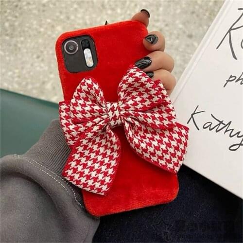 Korea Houndstooth Bowknot Flannel Camera Lens Protection Soft Phone Case For Xiaomi 9 8 Redmi Note 8 7 Pro Plush Silicone Cover