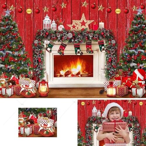 Winter Christmas Fireplace Backdrop Photography Christmas Tree Wreath Socks Gifts Vintage Rustic Red Wood Wall Photo Background
